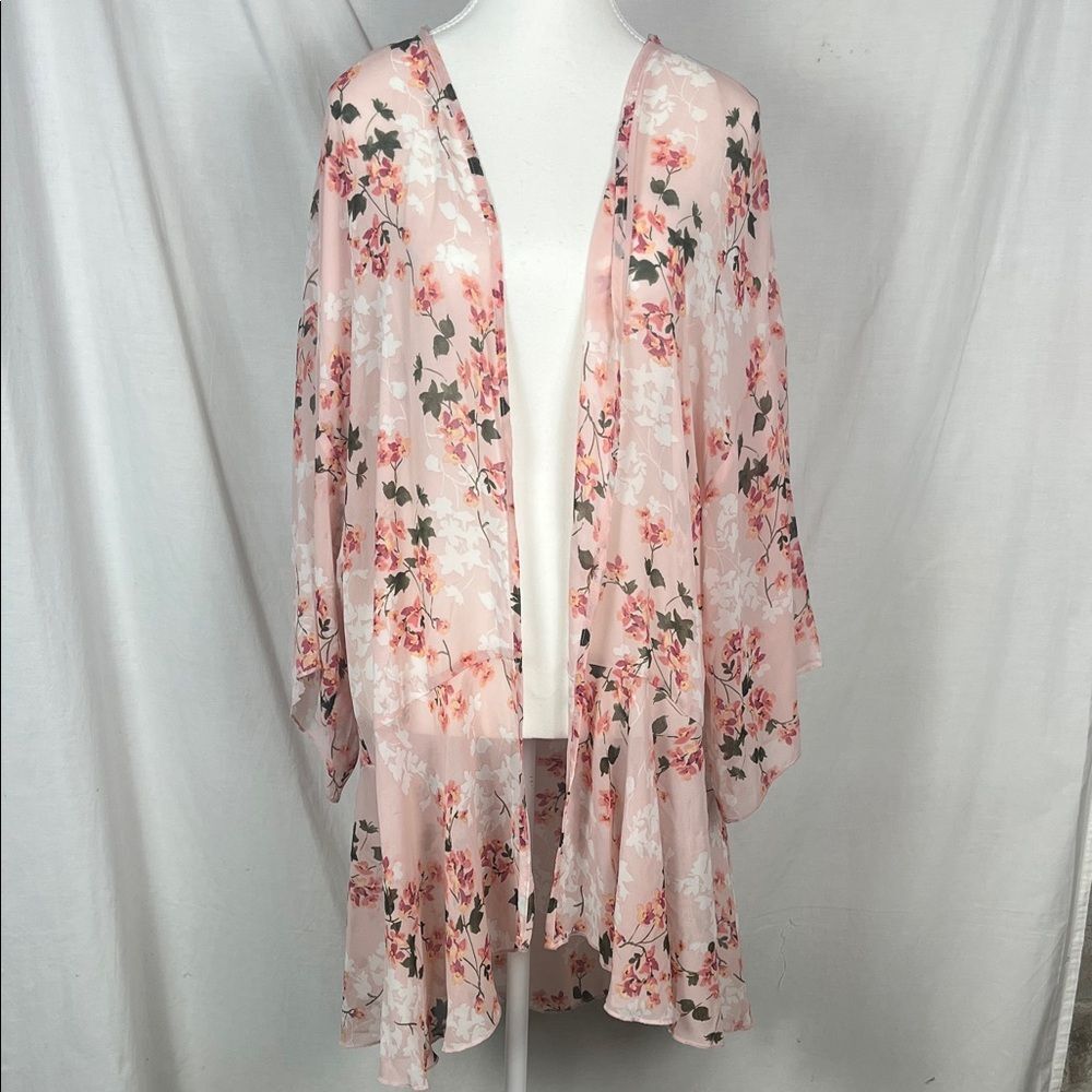 PerSeption Concept Pink Floral Frilly Longline Shawl Cardigan